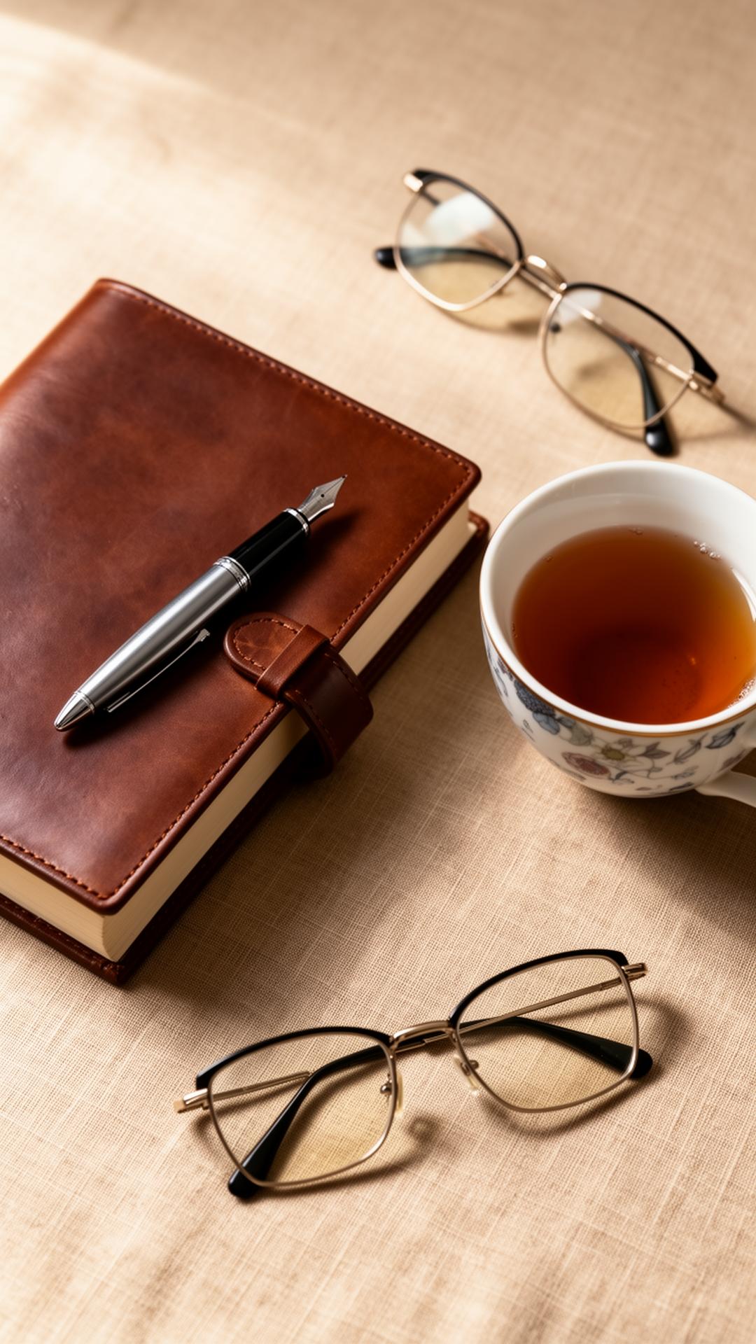 Editorial study desk with journal, fountain pen and tea